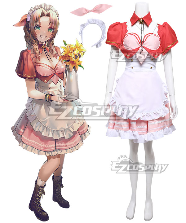 Final Fantasy VII Remake FF7R Aerith Gainsborough Pink Maid Cosplay Costume Design by@Lino
