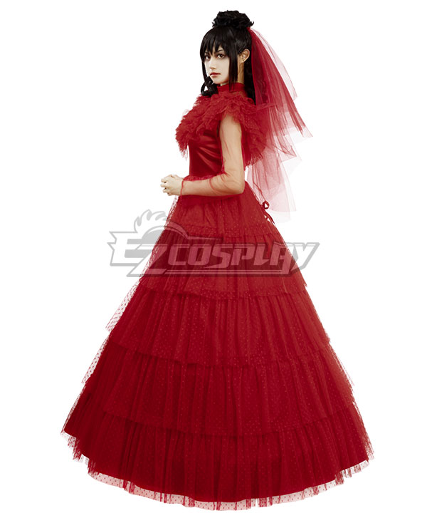 fitted lace wedding dress Beetlejuice 2024 Lydia Deetz / Beetlejuice Cosplay Costume Red Wedding Outfits Halloween Carnival Suit