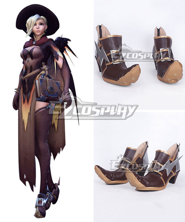 Overwatch OW Mercy Angela Ziegler All Saints’Day Witch Brown Shoes Cosplay Boots