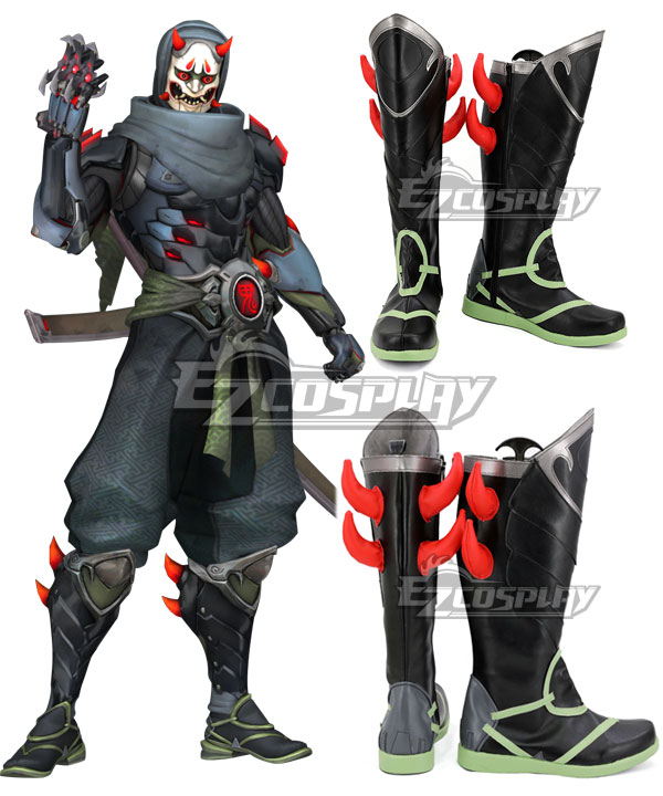 Overwatch OW Genji Shimada Oni Skin Black Shoes Cosplay Boots