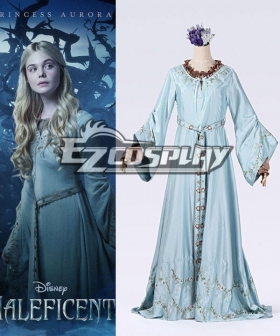Maleficent Aurora Light Blue Cosplay Disney Dress Embroidery Girl Princess Dress
