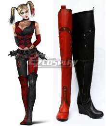 DC Comics Batman Arkham Asylum Harley Quinn Cosplay Red Black Shoes Boots