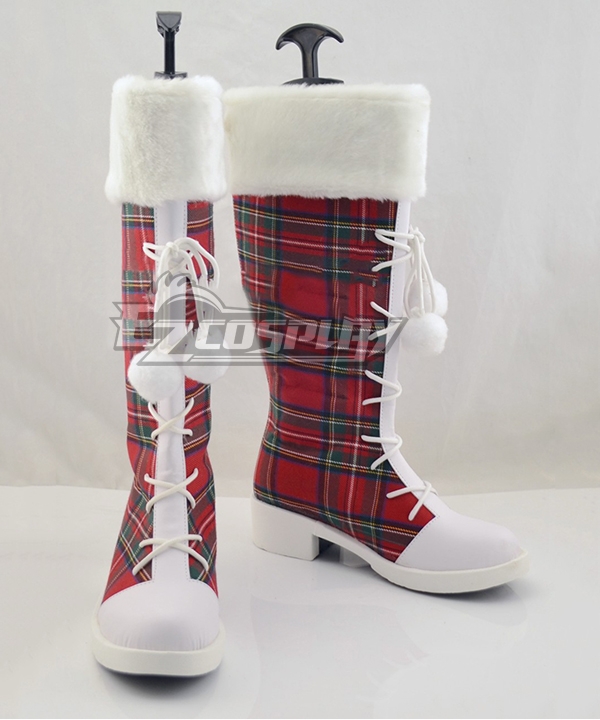 Mrs. Claus Red Plaid White Faux Fur Trim Christmas Cosplay Costume Boot