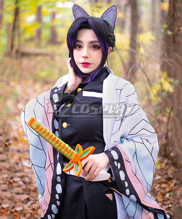 Demon Slayer Kimetsu No Yaiba Kochou Shinobu Kimono Cosplay Costume – Full Outfit, Polyester, Multi-Color, Brand New With Tags
