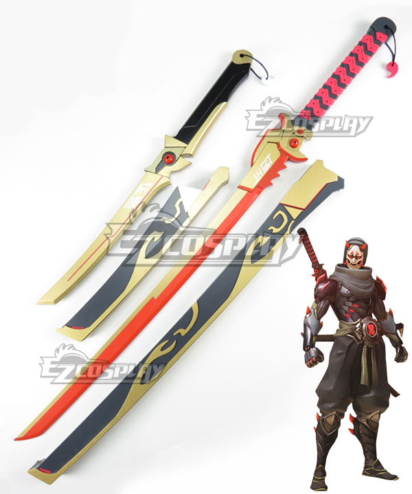 Overwatch OW Genji Shimada Oni Two Swords Golden Cosplay Weapon Prop