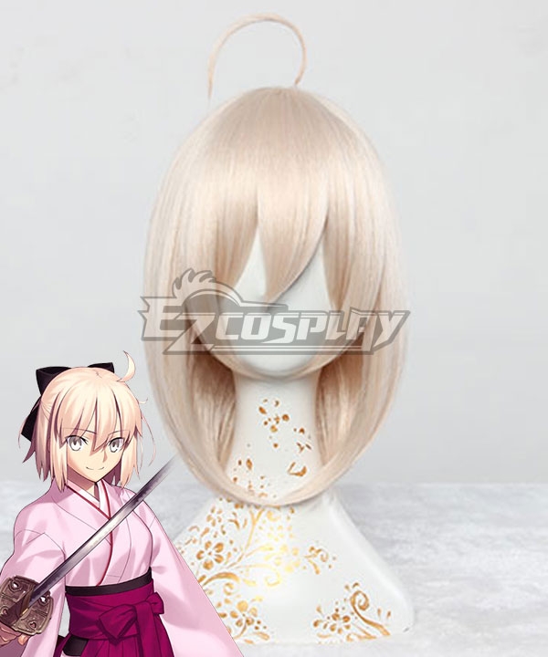 Fate Grand Order FGO Sakura Saber Okita Souji Light Yellow Cosplay Wig