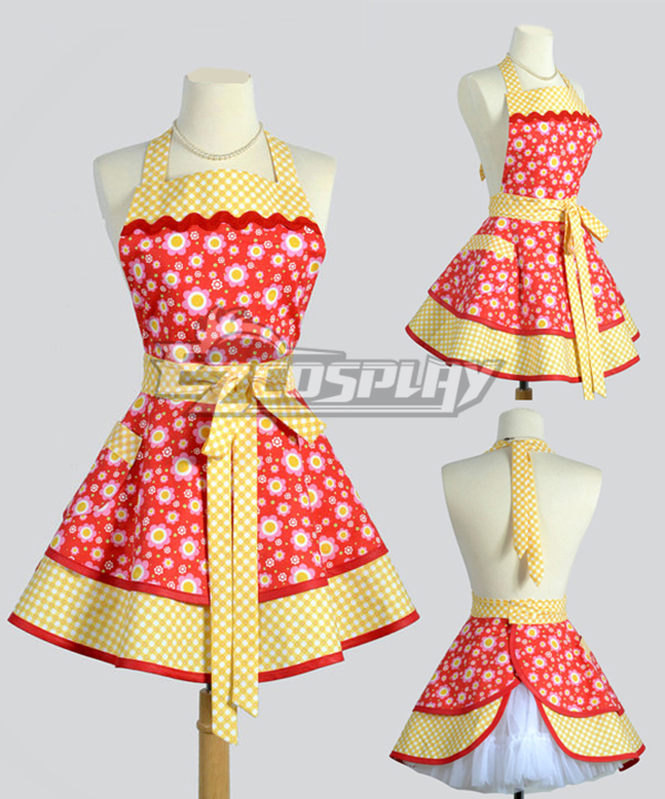 

Chinese Spring Festival Style Orange and White Dots Full Cotton Retro Household Apron Cosplay