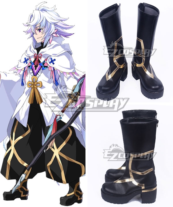 Fate Grand Order FGO Caster Merlin Black Golden Shoes Cosplay Boots