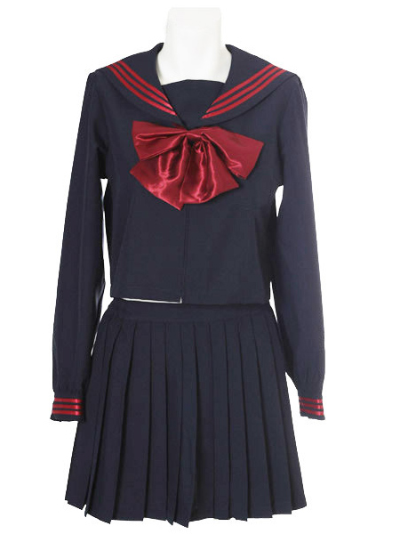 Deep Blue Red Bowknot Long Sleeves School Uniform Cosplay Costume