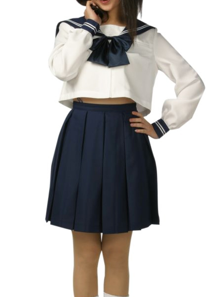 High waisted Short Sleeves Blue Skirt School Uniform Cosplay Costume
