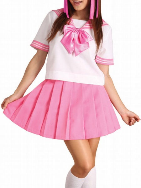 Pink Bowknot Short Sleeves School Uniform Cosplay Costume