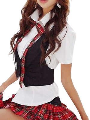 Black Vest White Short Sleeves School Uniform Cosplay Costume