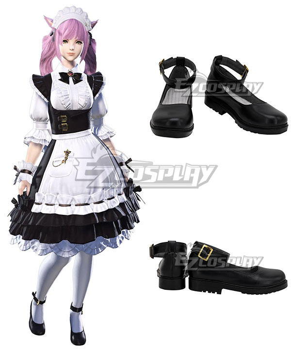 Final Fantasy XIV Housemaid's Apron Dress Black Cosplay Shoes