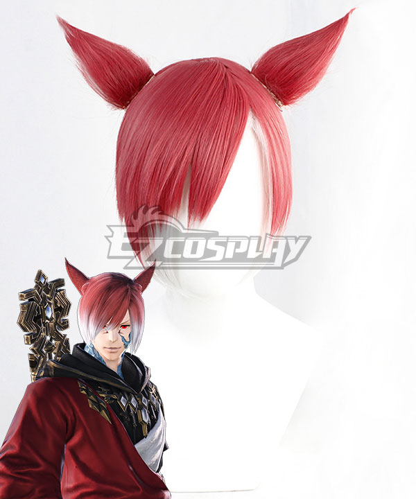 Final Fantasy XIV The Crystal Exarch G'raha Tia Red White Cosplay Wig - Wig + Ears