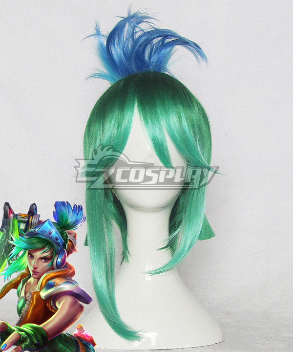 League of Legends LOL Arcade Riven the Exile Green Blue Cosplay Wig