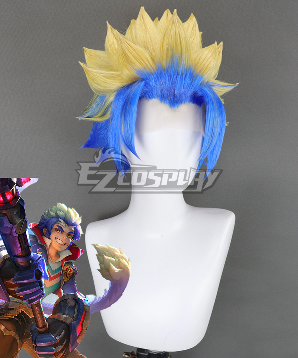 League of Legends LOL Battle Academia Wukong Blue Golden Cosplay Wig