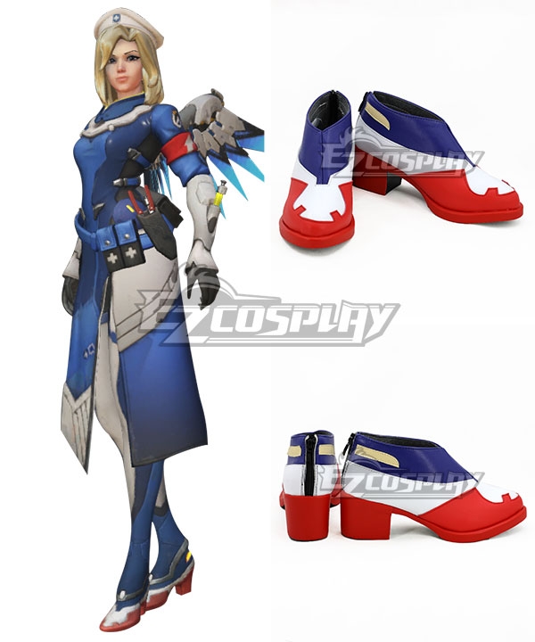 Overwatch OW Combat Medic Mercy Angela Ziegler Blue White Red Cosplay Shoes