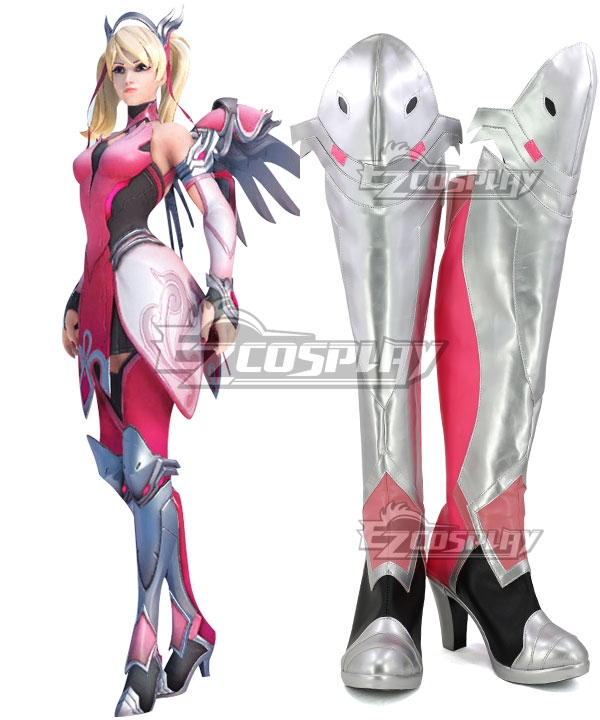 Overwatch OW Pink Mercy Charity Skin Mercy Angela Ziegler Pink Silver Shoes Cosplay Boots