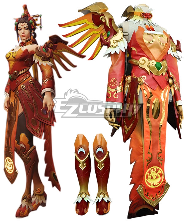 Overwatch OW Red Phoenix Skin Mercy Angela Ziegler Cosplay Costume - Including Wings And Boots