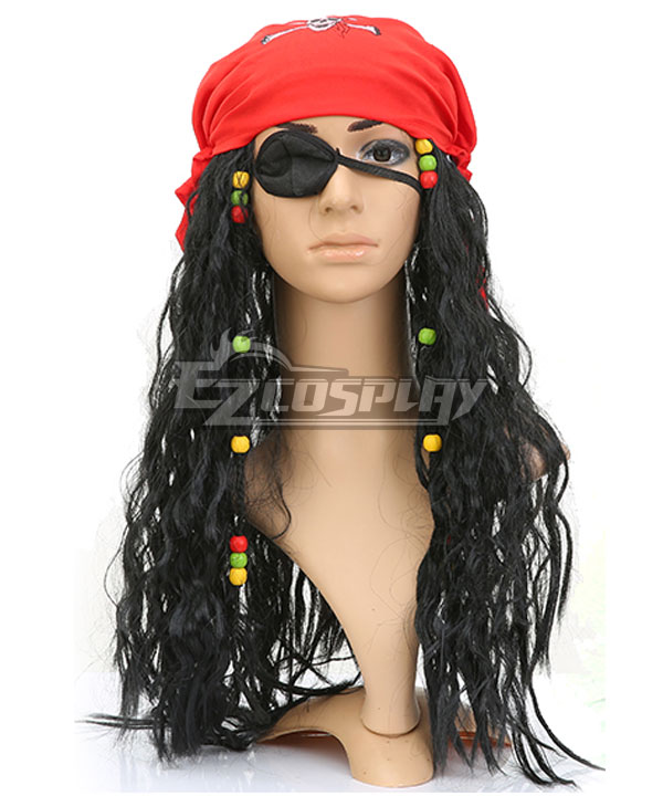 Pirates of the Caribbean Male Pirates Halloween Black Cosplay Wig - Wig + Kerchief